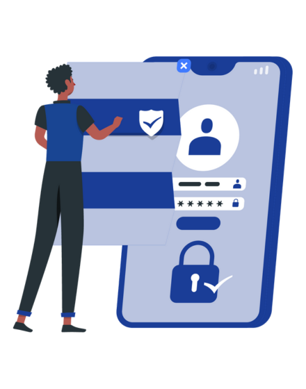 Illustration of a person interacting with a secure login screen on a smartphone, symbolizing the combination of automated tools and manual verification services offered by outsourcing dental insurance verification for enhanced accuracy and streamlined workflows.