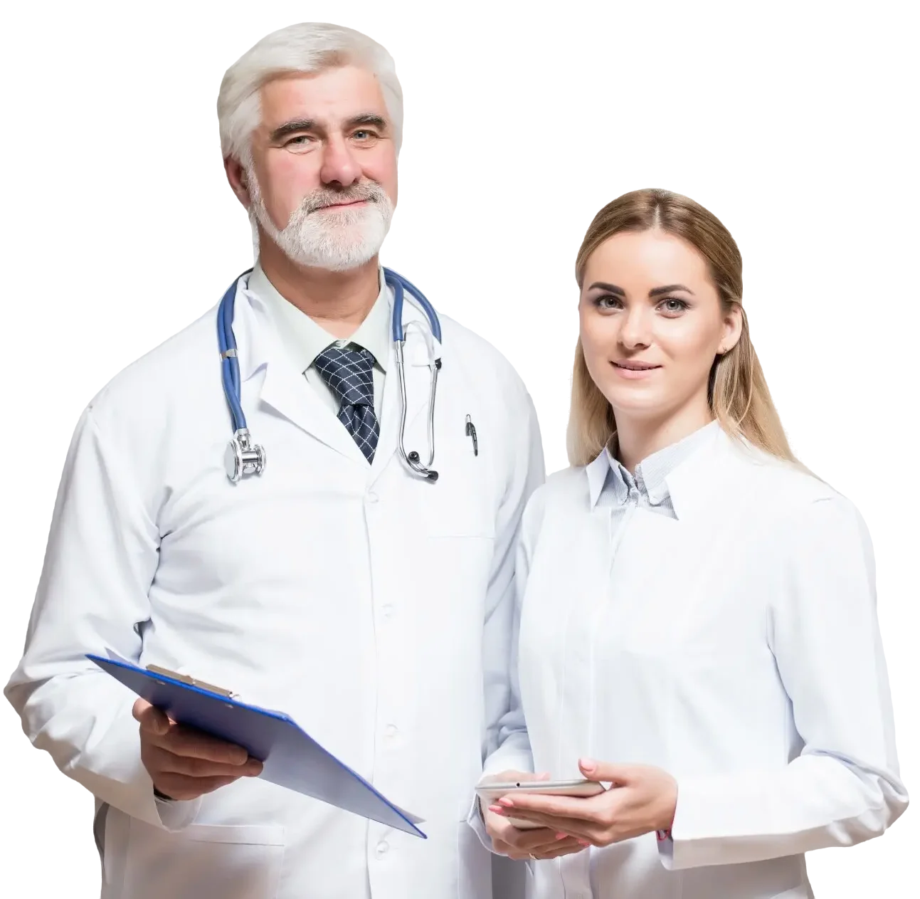 Two dental insurance verification professionals, one older male doctor with a clipboard and stethoscope and a younger female associate holding a tablet, standing confidently in medical uniforms.