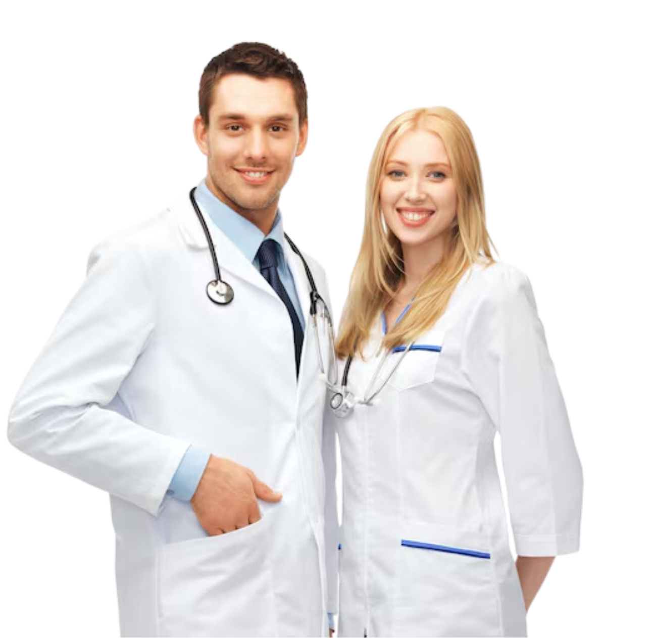 Portrait of two confident healthcare professionals in lab coats with stethoscopes, representing the dedicated team behind outsource dental insurance verification services for efficient and accurate practice management.