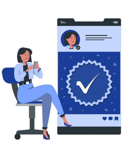 Illustration of a woman reviewing dental insurance details on a smartphone app, showcasing real-time verification with a blue checkmark for accuracy, symbolizing outsourcing dental insurance verification services for faster claims processing.