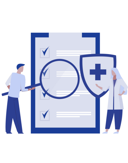 Illustration of two professionals reviewing insurance claims with a magnifying glass and a shield, symbolizing the benefits of outsourcing dental insurance verification for handling complex and out-of-network cases efficiently.