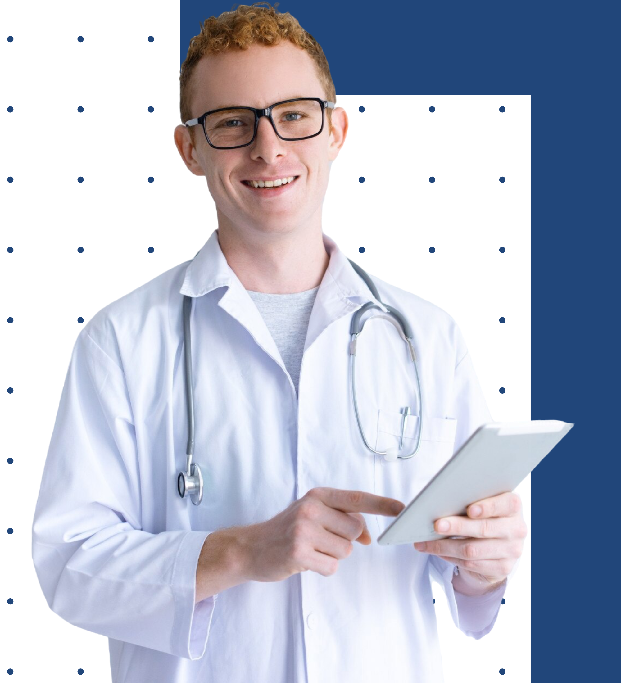 Smiling dentist in a white coat with a stethoscope using a digital tablet, representing solutions to common challenges in the dental billing process with professional dental billing services.