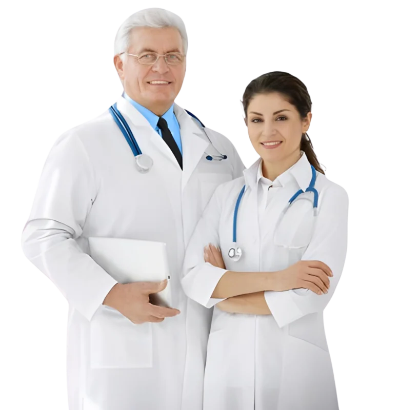 Two professional dentists in white coats with stethoscopes, representing reliable dental billing services offered by Questsol.