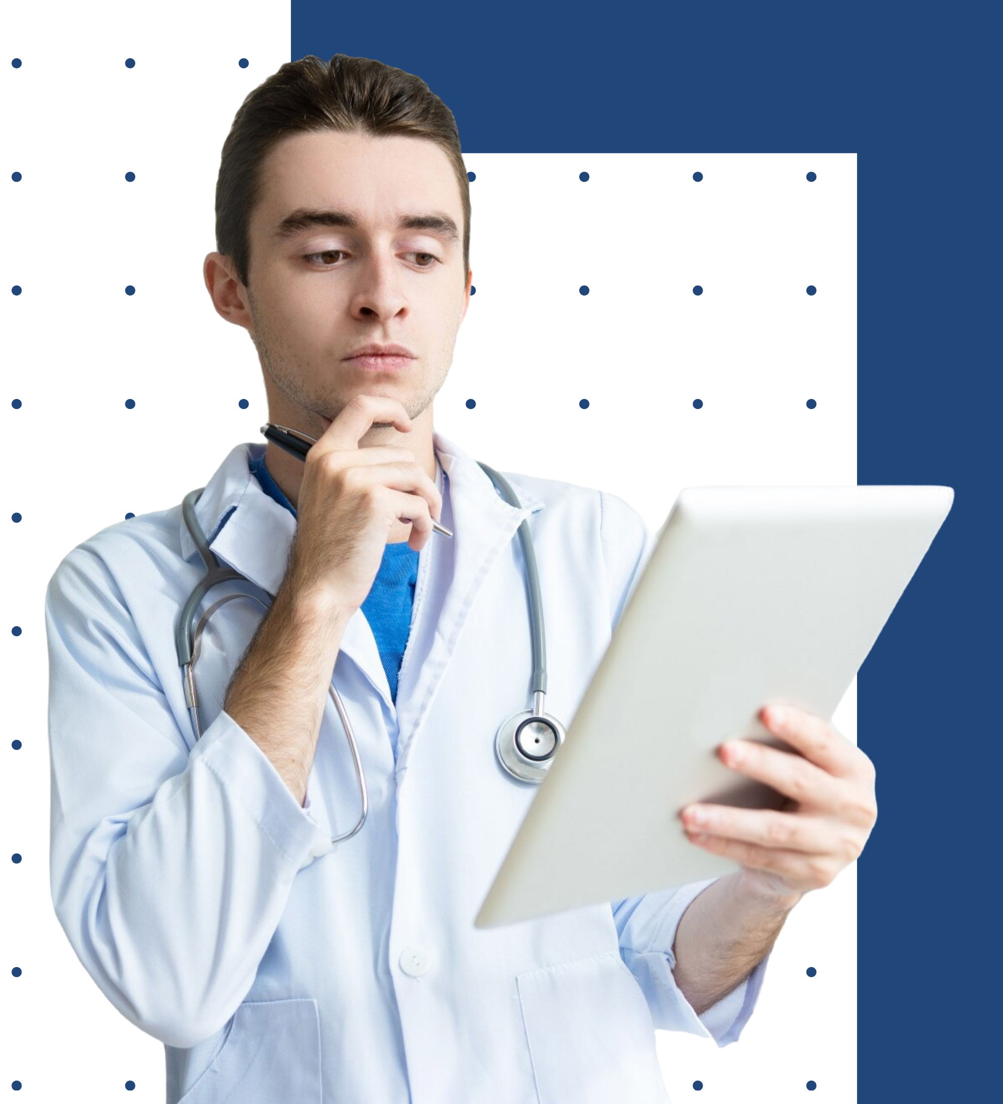 Dentist in a white coat with a stethoscope reviewing billing details on a digital tablet, highlighting efficient patient billing solutions and streamlined dental billing services.